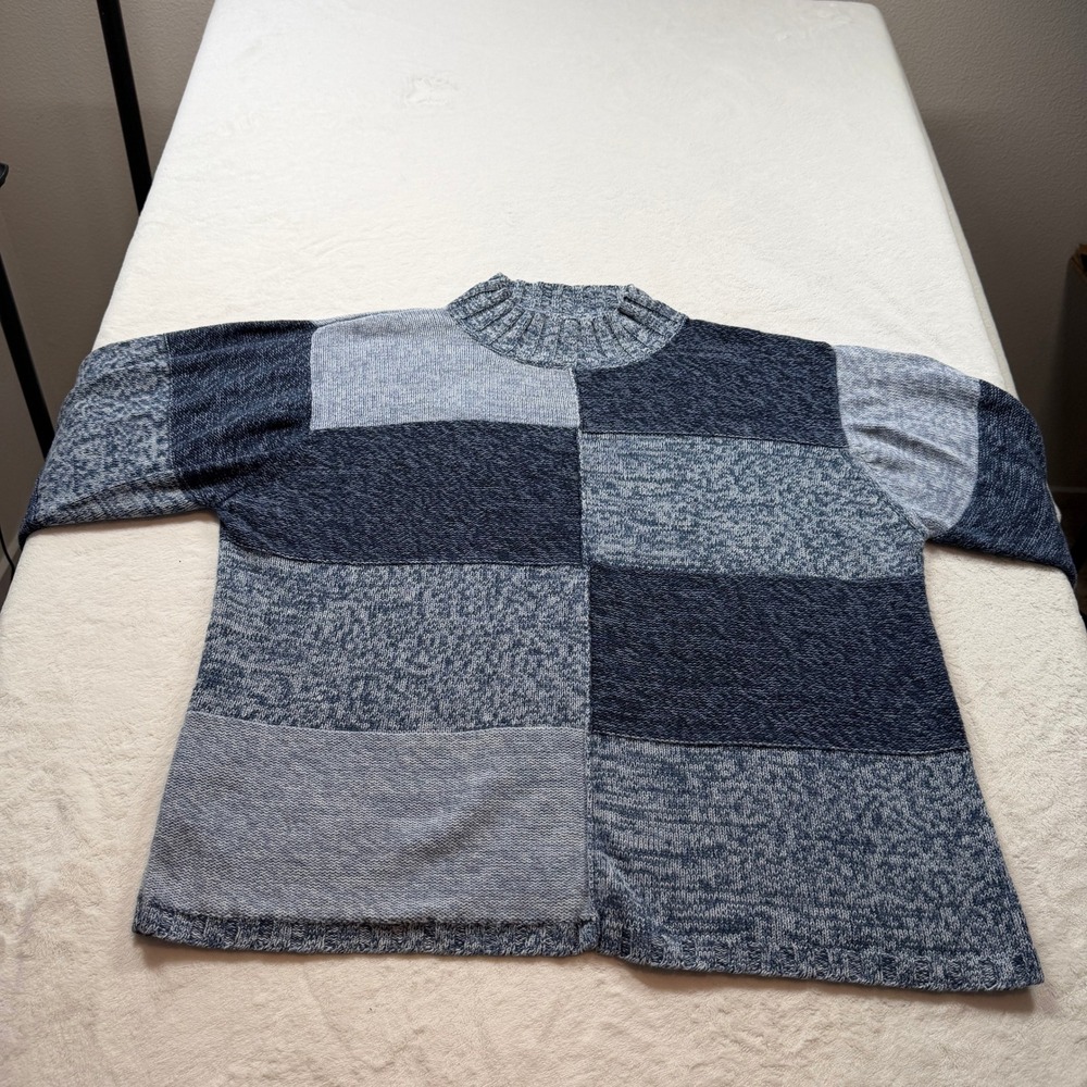 Dressbarn Patchwork Sweater Woman 14/16 Blue Grey Good Ramie Cotton Mock Neck